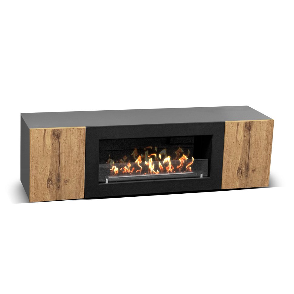 Тумба под ТВ с биокамином SteelHeat LIVORNO 140 см (корпус Графит / фасады дуб Вотан)