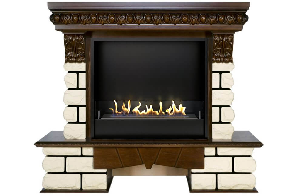 Биокамин в портале Firezo Pierre luxe lord Темный дуб белый камень, стандарт